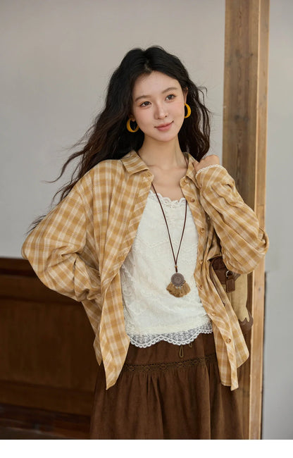 Women's Retro Plaid Long Sleeved Shirt 2025 Autumn Korean Loose Casual Plaid Top with Lace Pocket Lapel Shirts MXE43C2378