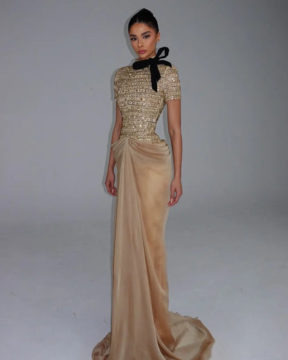 Customized High Quality Women Rhinestone Bow Sheath Evening Dresses Fashion High Collar Short Sleeves Floor Lenght Prom Dresses
