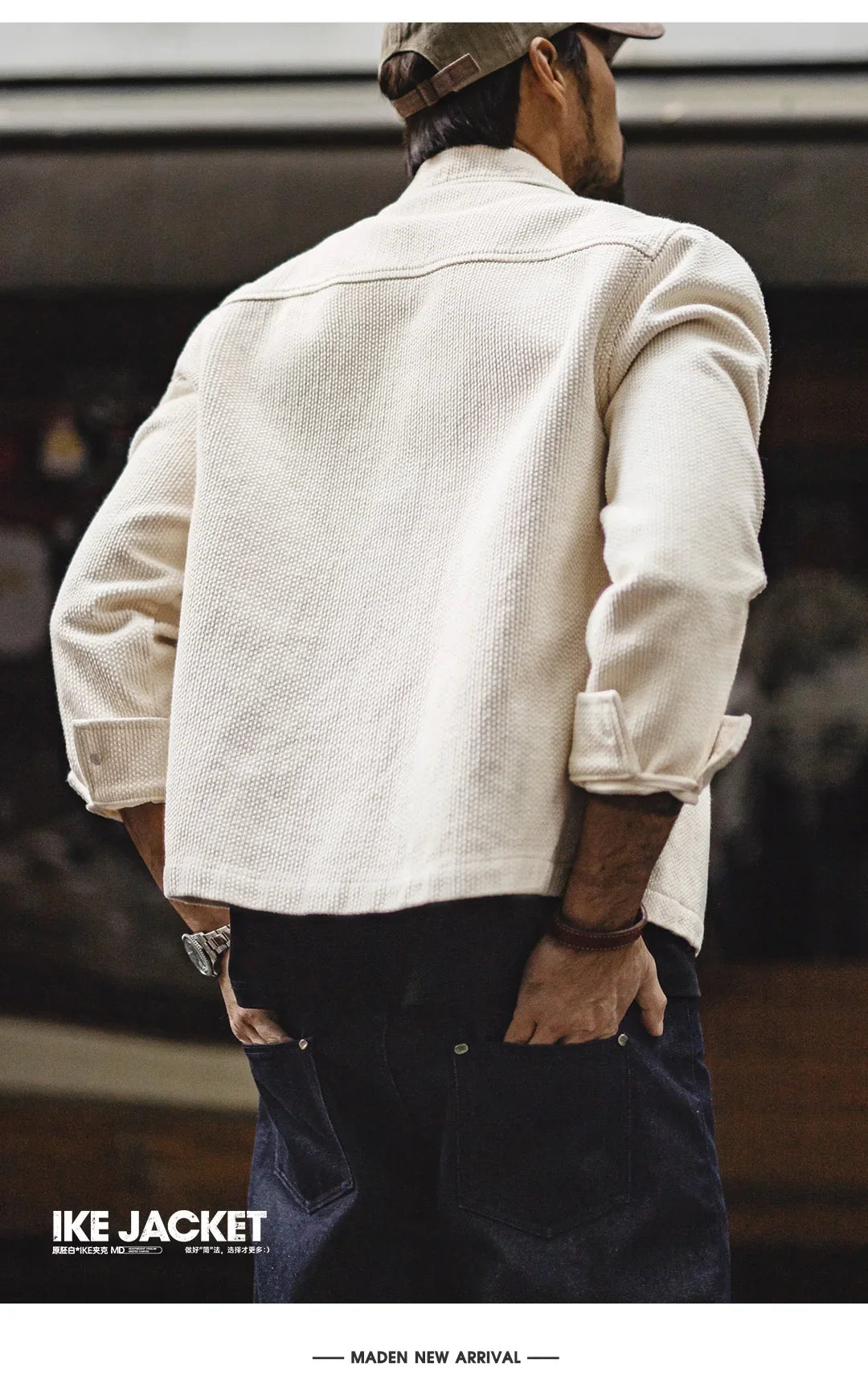 Men's Vintage White Jacket Heavyweight Cotton Turn-Down Collar Zip-Up Short Outwear Canvas Fitted Fit Spring Autumn Coat