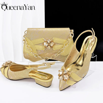 2025 New Summer Collection Stylish Italian Women’s Shoes and Bag Set Gold Colour Comfortable Low Heels With Rhinestone