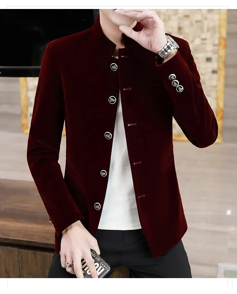Men's Light Luxury Golden Velvet Coat Youth Fashion Trend Solid Color Stand Collar MAO Suit Handsome Boutique Item