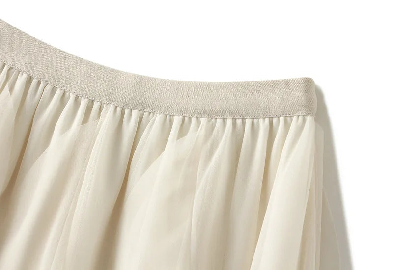 Women's Lotus Leaf Edge A Line Fairy Elastic Waist Tulle Skirt Midi High Waist Mesh Dress Solid Color Irregular Yarn Skirt D8808