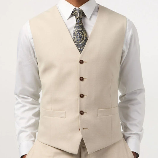 Men Vest Beige Single Button V Neck Solid Waistcoat For Wedding Birthday Banquet Party Business Work Daily Casual Men Suit Vest