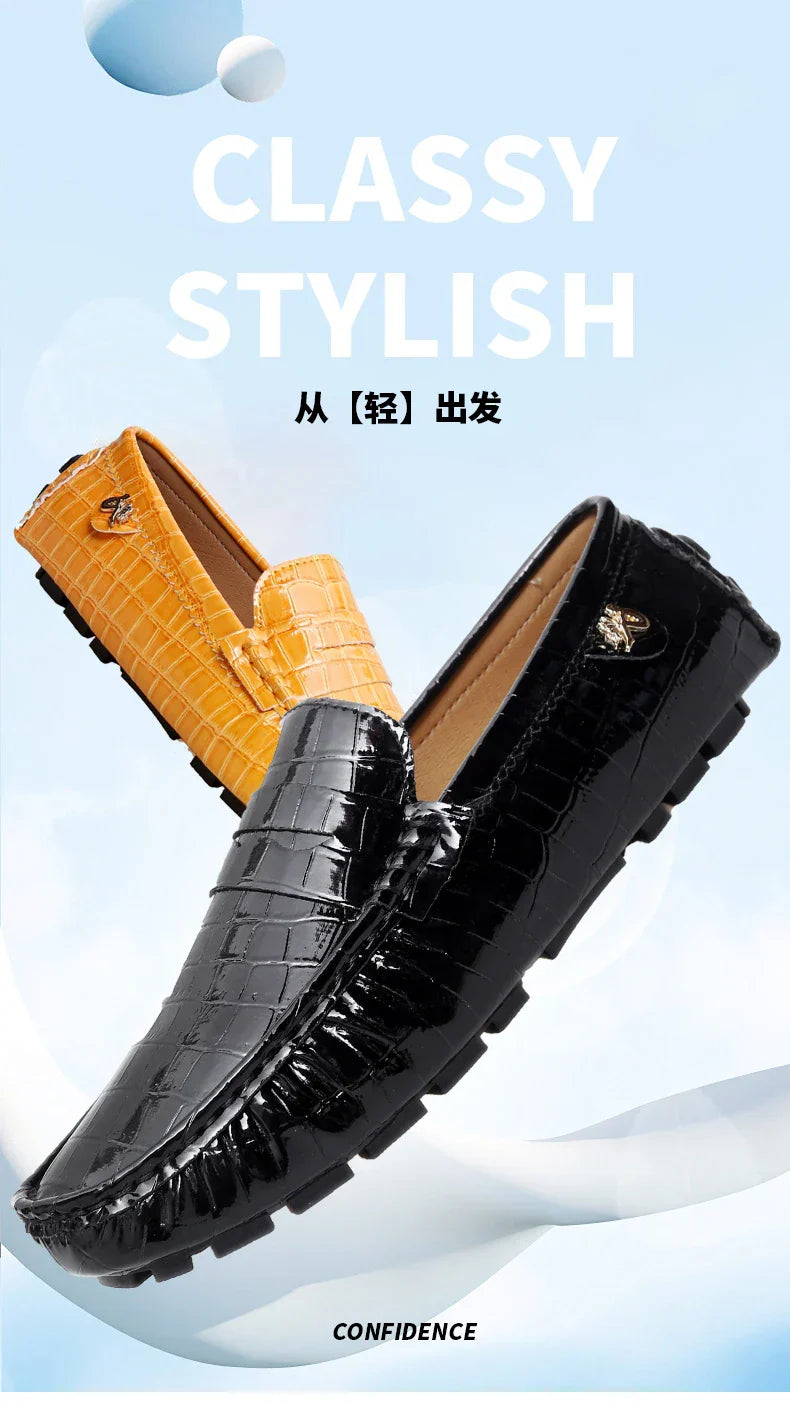 Patent Leather Loafers for Men, Crocodile Pattern, Korean Style, Trendy, Popular Casual Leather Shoes, Slip-On Loafers, Lazy Shoes