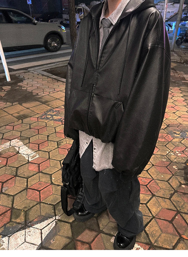 Spring Autumn Short Oversized Black Soft Pu Leather Jacket Men with Hood Zipper Loose Casual Korean Fashion Clothes