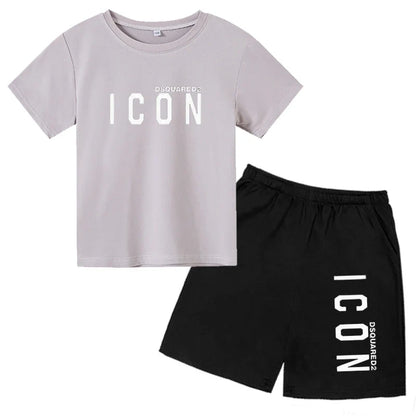 ICON print  2-12 Years Boys Girl  Children Clothes T-shirts+ Shorts Sets Casual Short Sleeve shorts suits
