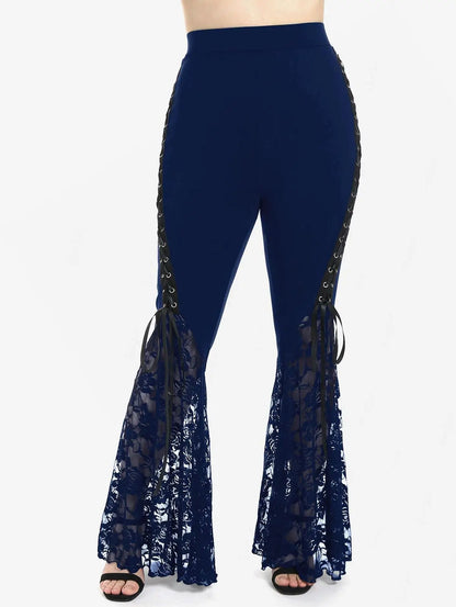 Plus Size Womens Pull On Flare Pants Gothic High Waist Overlength Lace Panel With Lace-up Pleated Trousers Skinny Pants