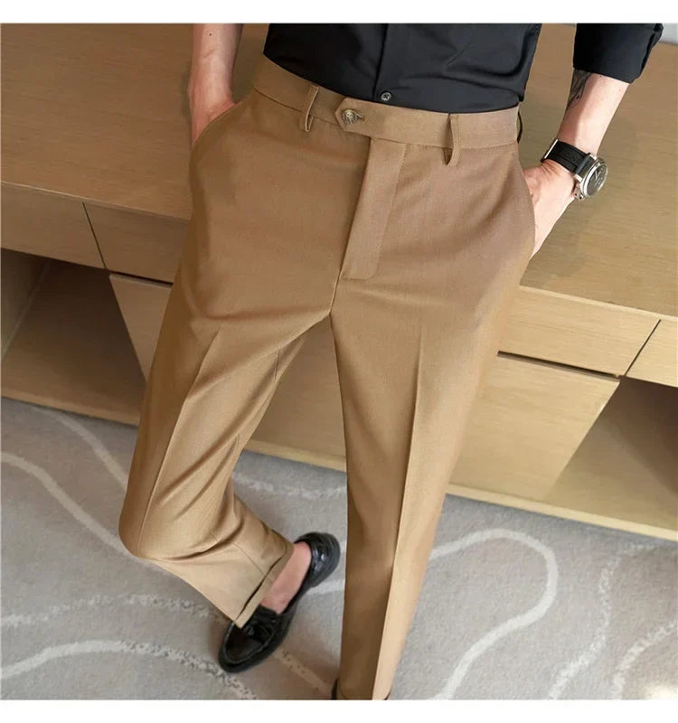 2024 New Men's Slim Fit Tapered Dress Pants Apricot Pearlescent Texture Business Casual Suit Trousers Spring Clothes