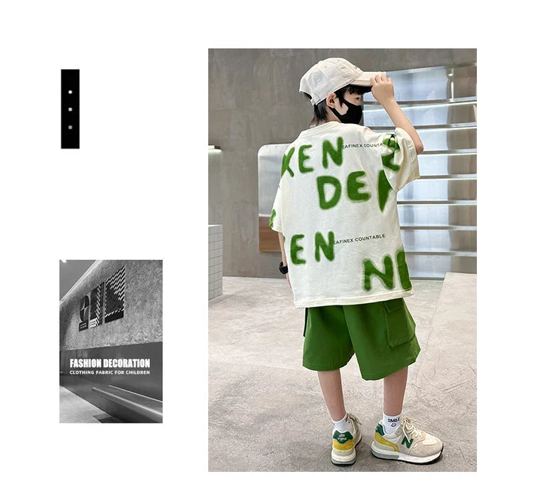 New Fashion Tween Boys Summer Sets Clothing Kids Cotton T-shirt Shorts 2 Pieces Tracksuit Age 5 6 7 8 9 10 11 12 13 14 Years Old