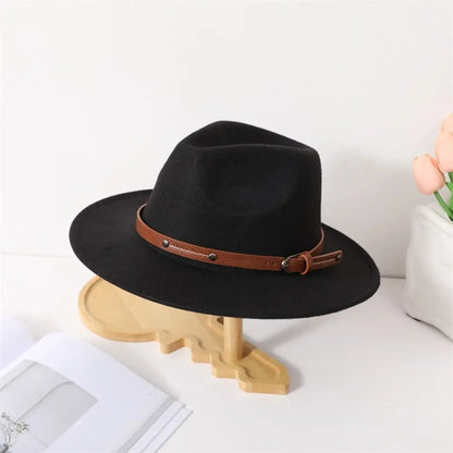 With Belt Buckle Felt Fedora Hats Fashion Vintage Wide Brim Panama Cap Soft Elegant Cowboy Cap Men Women