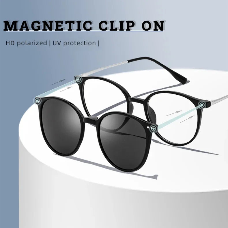 Magnetic Clip On Glasses Women Driving Polarised Round Pink Optical Myopia Eyewear Men Custom Prescription Glasses 2240