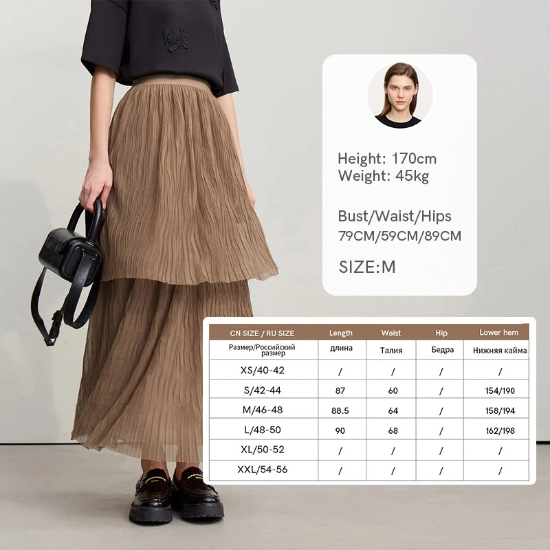 Long Skirt 2026 Spring New Casual Vacation Waist Pleated Mesh Long Skirt Women Loose Solid Versatile Woman Clothes 12621001