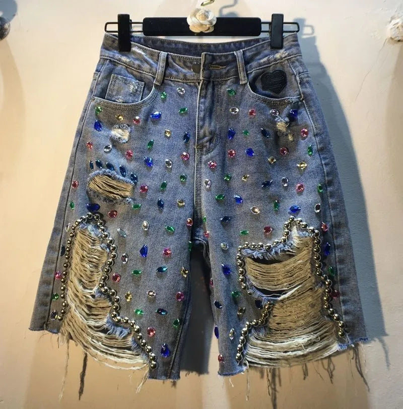 Jeans Hole Shorts Women Summer 2025 Short Pants High Waist Stretch Distressed Washed Diamonds Streetwear Straight Denims