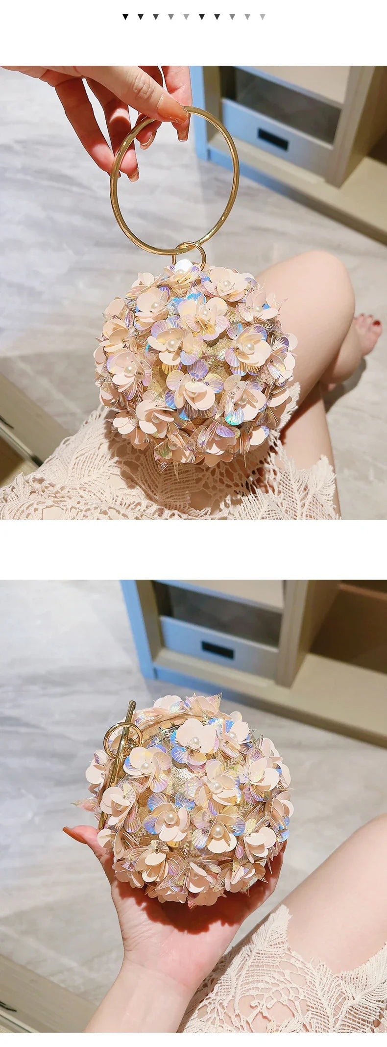 Mini Sequin Flower Evening Bag, Elegant Dinner Clutch Purse, Formal Round Banquet Handbag For Wedding Party Prom