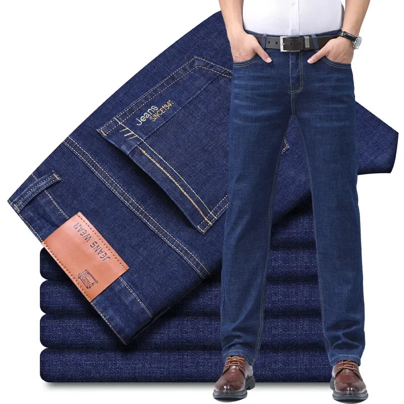 2025 New Light Blue Men's Comfort Soft Jeans Fashion Straight Business Pants Cotton Soft Casual Stretch Denim Trousers 28-40