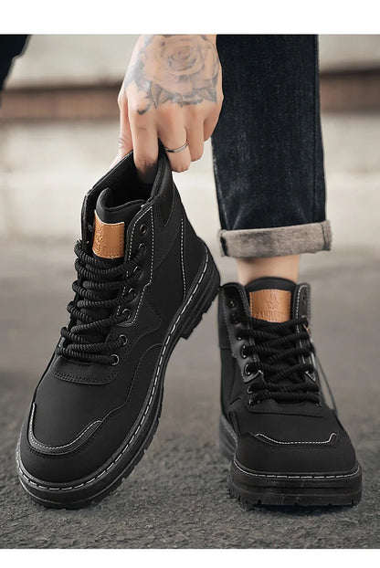 Men Boots  Autumn High Top British Korean Thick Soled Platform Comfortable Non Slip Short Boots Outdoor Lace Up Cotton Boots 202