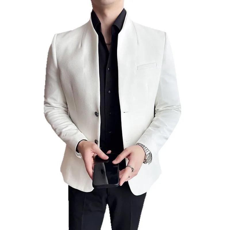 New Waffle Chinese Stand-Up Collar Blazers Men Slim Fit Business Casual Fashion Suits Jacket Formal Social Prom Party Tuxedos