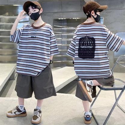 2026 Children Summer Clothes Set for Teen Boy Cotton Striped T-Shirt Shorts Two Pieces Outfit Suit Kids Clothing 5 7 9 11 13 14Y