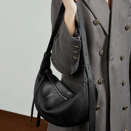 2025 New Top Grain Leather Croissant Dumpling Bag Unique Solid Color Shoulder Crossbody Bag Women Practical Commuting Handbag