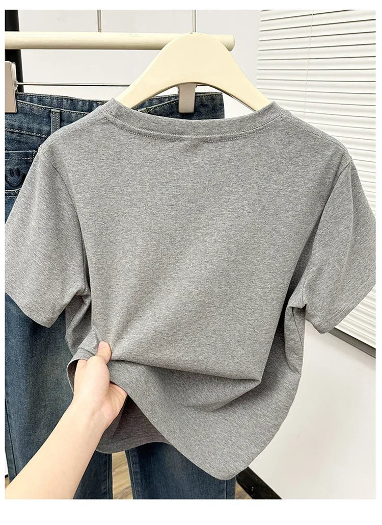 2026 Summer New High Quality Casual Plus Size T Shirt Sexy Short Sleeved Sleeves Fashion Trend Solid Women Clothing Y2k Tops