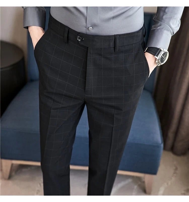 2026 High Quality Men's Plaid Striped Suit Pants Fashion Business Slim Fit Casual Straight Pants Formal Wedding Party Trousers