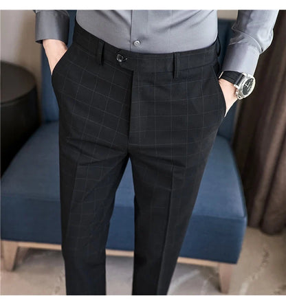 2026 High Quality Men's Plaid Striped Suit Pants Fashion Business Slim Fit Casual Straight Pants Formal Wedding Party Trousers