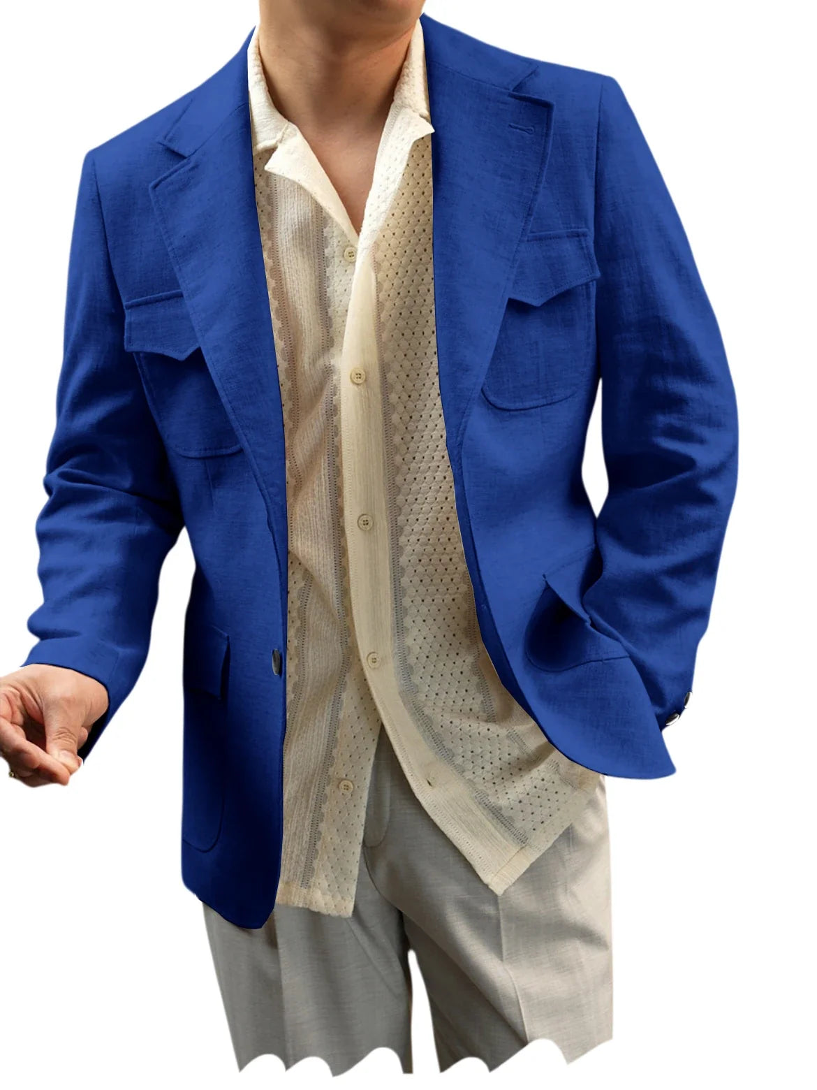 Classic Men's Linen Blazer Notched Lapel Slim Fit Breathable Elastic Suit Jacket with Flap Pockets for Wedding Prom Daily Wear