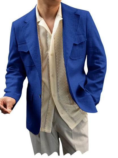 Classic Men's Linen Blazer Notched Lapel Slim Fit Breathable Elastic Suit Jacket with Flap Pockets for Wedding Prom Daily Wear
