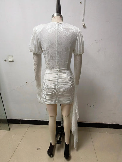 2024 New Fashion Red White Women Gloves Sexy Bodycon Mini Draped Dress Nightclub Party Bar Singer Birthday Celebrate Dress