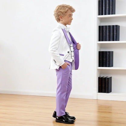 Hot Selling Luxury Lilac White Jacquard Boys Suit Set 4 Piece 3-14 Years Slim Fit Jacket Vest Pants Bow Tie Kids Wedding Formal