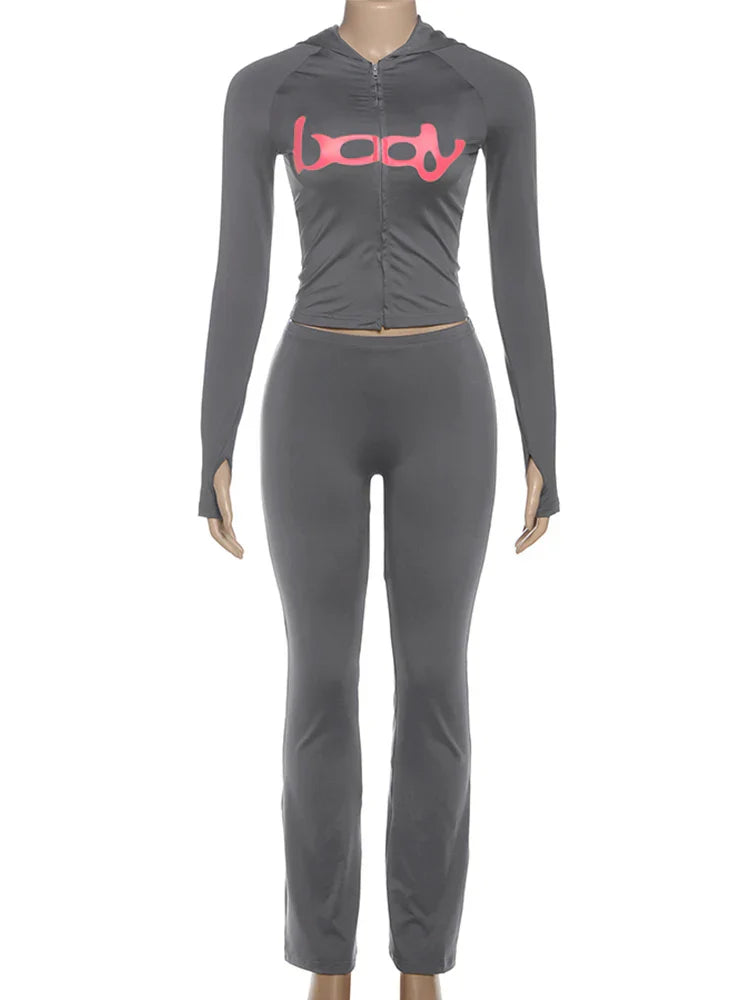 Letter Print 2 Piece Set Women Tracksuit Hooded Jacket+Leggings Matching Stretch Streetwear Casual Sporty Outfits