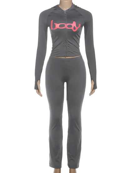 Letter Print 2 Piece Set Women Tracksuit Hooded Jacket+Leggings Matching Stretch Streetwear Casual Sporty Outfits