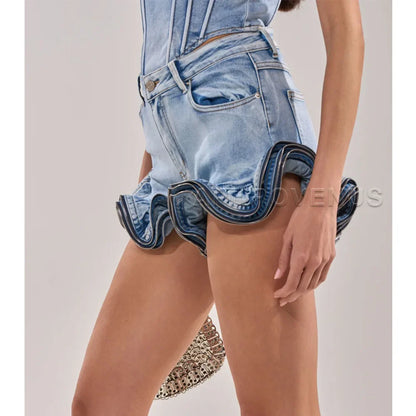 Wave Ruffle Hem Slim Denim Shorts Women Casual High Waist Slim Fit Ruffled Denim Shorts Fashion Slimming Streetwear