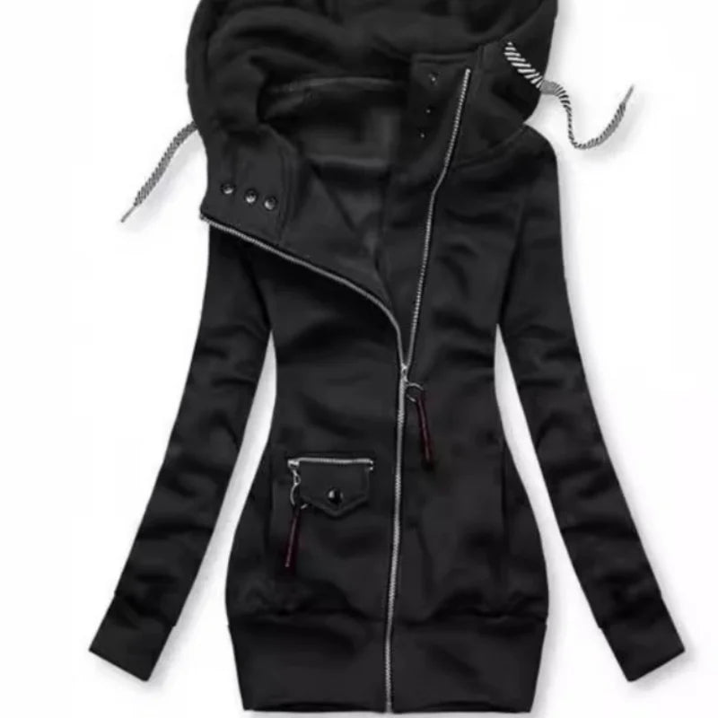 Drawstring Ladies Hooded Outerwear Sweatshirt Fashion Long Sleeve Zip-up Women Versatile Tops Coat Jacket for Spring Autumn