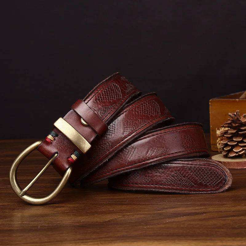 3.5CM High Quality Belt Men's Genuine Leather Top Layer Pure Cowhide Brass Buckle Jeans Vintage Strap Male Jeans for Man Luxury