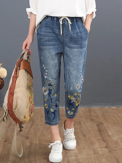 Chinese Summer Fashion Style Ladies Vintage Embroidery Jeans Womens Casual Floral Denim Trousers Ripped Harem Pants