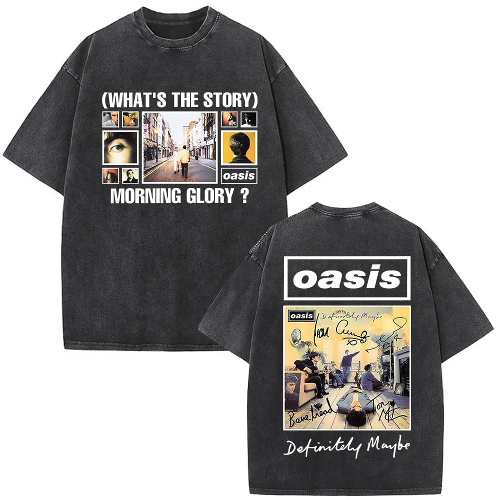 O-Oasis T-Shirts British Rock Band Vintage Washed T-shirt Men Women Clothing Cotton Casual Short Sleeve T Shirts Tops Streetwear
