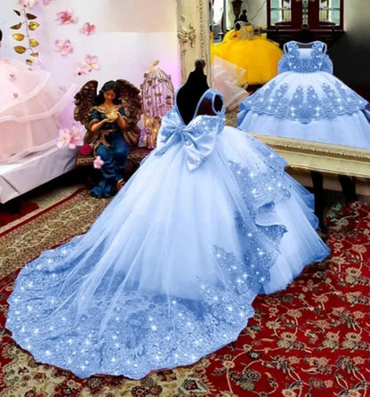 Custom Flower Girl Dress First Christmas Dress Wedding Party Gown Mint Green Lace Beaded Train Kids Evening Dress فساتين