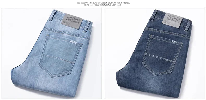 2024 Men's New Autumn Straight Casual Jeans Light Blue Classic Breathable Comfortable No Ironing Stretch Denim Trousers Male