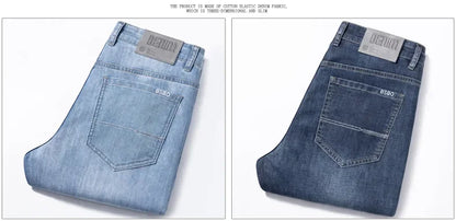 2024 Men's New Autumn Straight Casual Jeans Light Blue Classic Breathable Comfortable No Ironing Stretch Denim Trousers Male