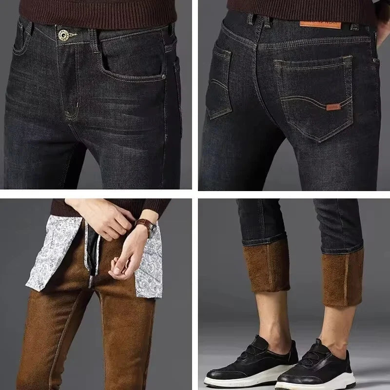 Men's Reflective Fleece-Lined Jeans - Thick Warm Lining, Durable Denim & Reflective Trim, Safe for Winter Night Commute & Casual