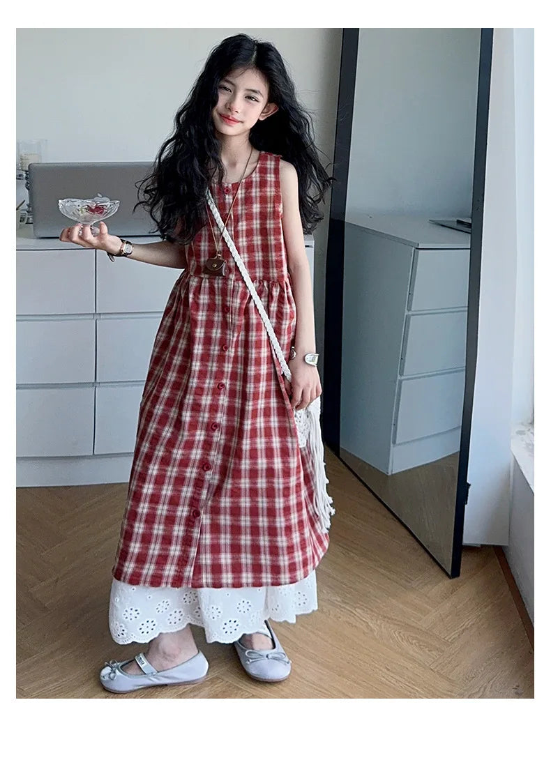 Summer Girls Retro Red Plaid Vest Dress 2-Piece Set Thin French Style Strappy Sundress Casual Vacation Outfit Teen Kids Clothes