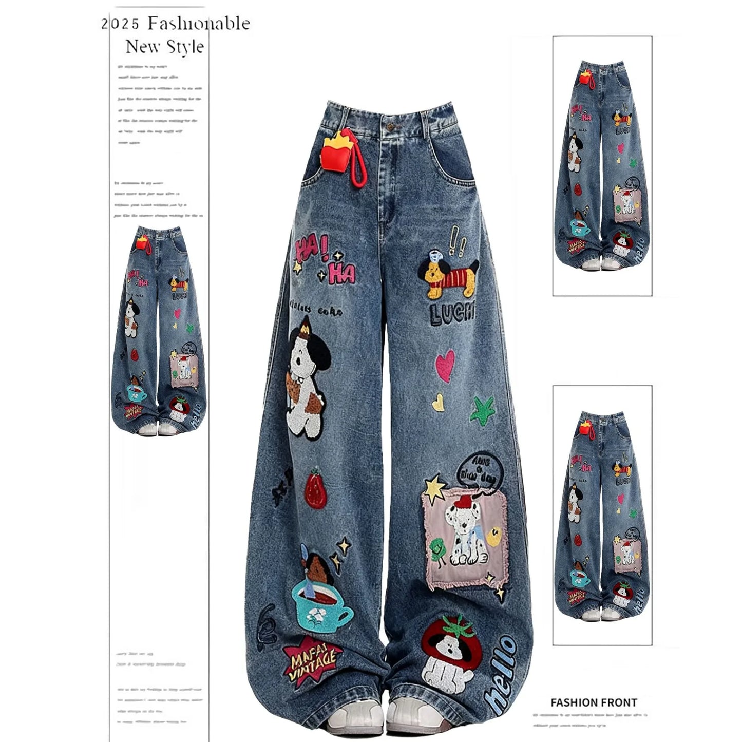 Retro American Cartoon Floing Embroidery Jeans Men Women Cleanfit Waed Loose Wide Leg Pants Couples Casual Loose Fit