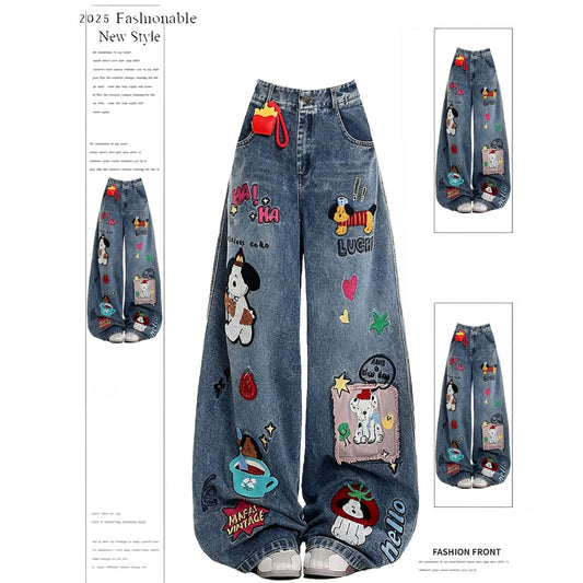 Retro American Cartoon Floing Embroidery Jeans Men Women Cleanfit Waed Loose Wide Leg Pants Couples Casual Loose Fit