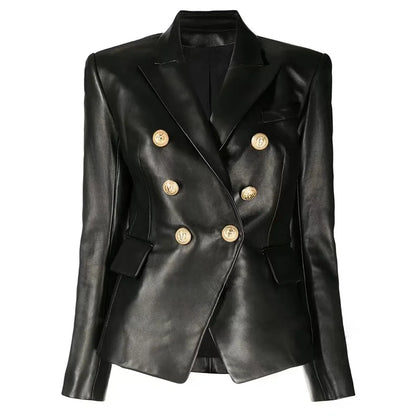 S-3XL High Quality Fashion New PU Leather Fabric Double breasted Long Sleeve Slim Fit Commuter Women's Suit Coat Blazer