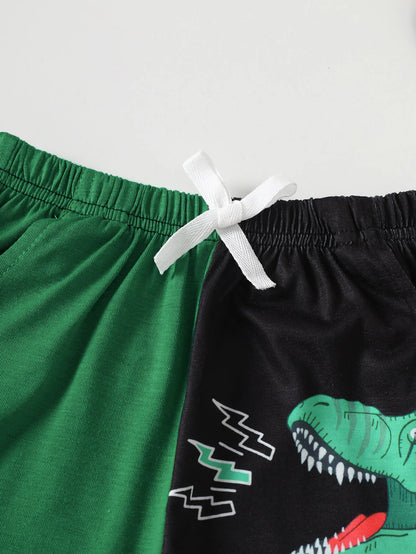 Boys Summer Clothes Set Dinosaur ROAR Print Color Block T-shirt Shorts 2Pcs Toddler Kids Breathable Sporty Casual Outfit