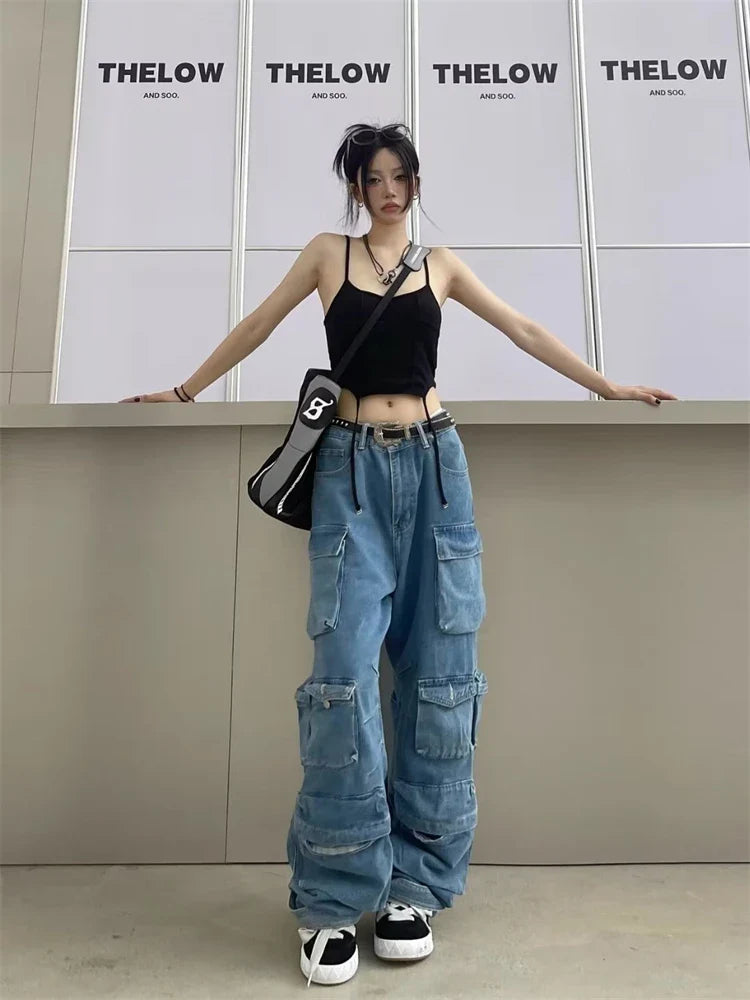 Y2K Cargo Jeans Women's Baggy Wide Leg Multi-Pocket Fashion Denim Pants Harajuku Streetwear Female Vintage Loose Casual Pants