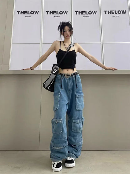 Y2K Cargo Jeans Women's Baggy Wide Leg Multi-Pocket Fashion Denim Pants Harajuku Streetwear Female Vintage Loose Casual Pants