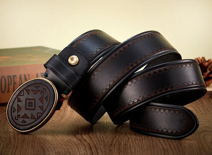 Real Genuine Leather High Quality Brass Buckle Jeans Casual Belt Extra Thick Cowhide Designer Laser Engraved Pattern Men's Belt