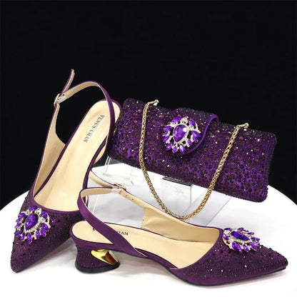 Royal Blue Sandals for Women 2024 Luxury Wedding Pumps Med Heels Rhinestone Design Party Shoes and Bags Set